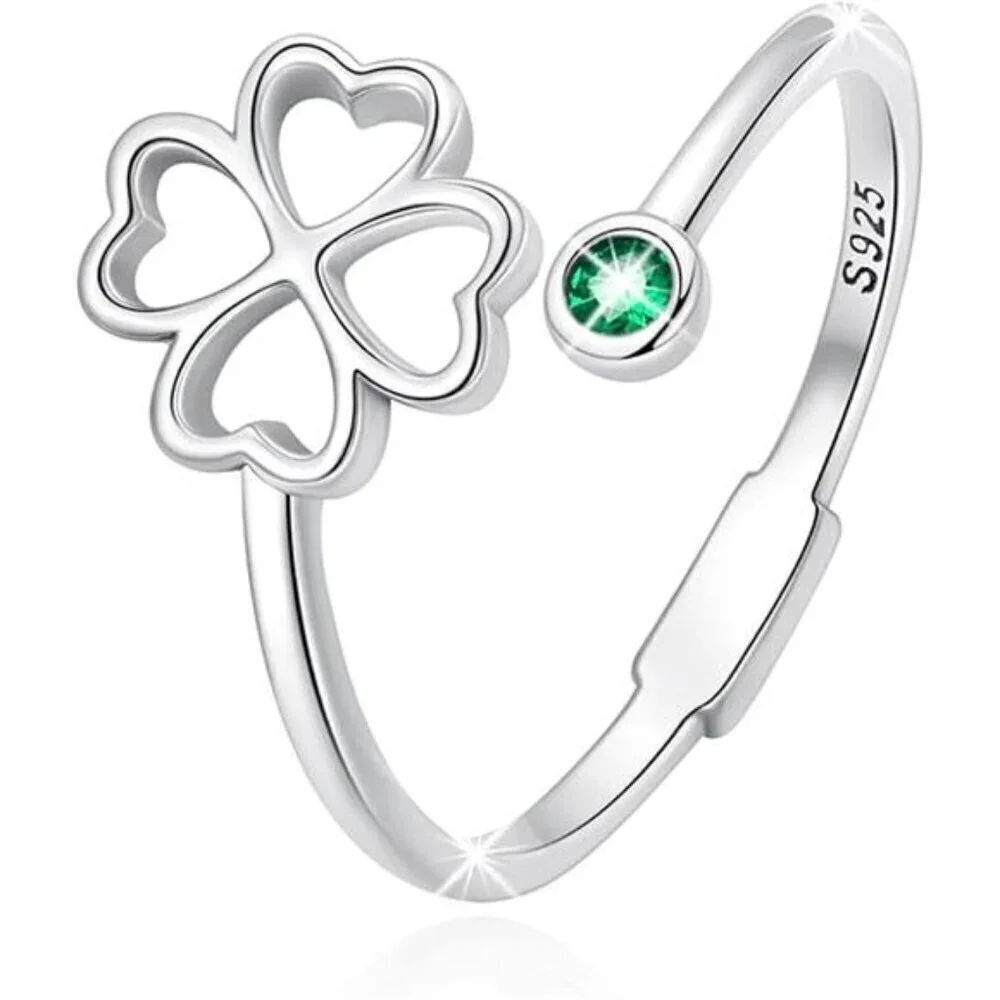 Adjustable Clover Leaf Ring 925 Sterling Silver Jewelry Comes with Good Luck